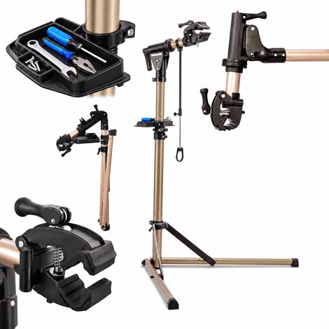 Relaxdays Bike Repair Stand, 100–160 cm height, for 35–85 mm frames, handlebar holder, max 50 kg, gold (1/5)