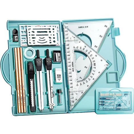 Coffret d'architecte, coffret de géométrie professionnelle, compas et rapporteur, outils de dessin technique, bleu Morandi (1/5)