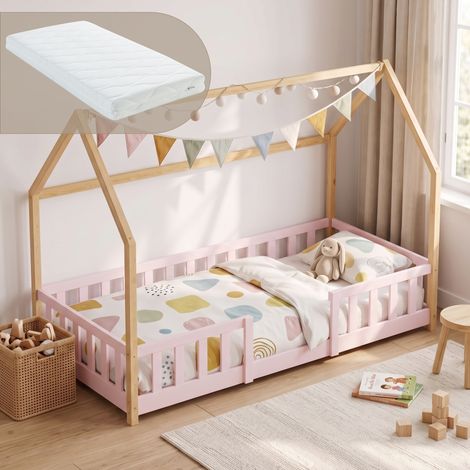 Hausbett Sisimiut mit Matratze und Rausfallschutz 90x200 cm Rosa/Natur [en.casa] (1/5)