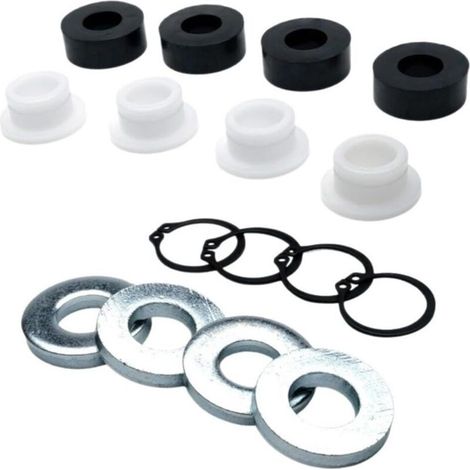 Kit di montaggio da 16 pezzi per la regolazione dell'altezza di taglio dei modelli di tosaerba F123, 7434-1, 5727-1 e 5740-2. Include boccole e rondelle metalliche per la manutenzione.