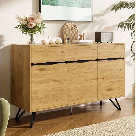 Credenza in legno da soggiorno con 3 ante e gambe in metallo, 140x40x75,5 cm, per soggiorno, sala da pranzo e corridoio (1/5)