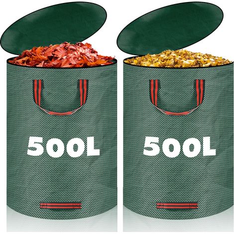 2x 500L Sac Jardin Dechets Verts, Sac de Jardin avec Couvercle et 4 Poignées, Sac Dechets Verts Resistant, Pliables et Réutilisables Sac à Déchets de Jardin pour Feuilles Déchets Débris (1/5)