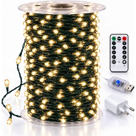 Guirlande lumineuse pour sapin de Noël, 1000 LED, 100 m de fil blanc chaud, télécommande, minuterie, port USB (1/5)