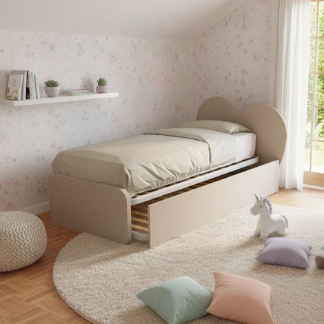 Letto singolo a cuore "Cupidor" con secondo letto estraibile - Effetto tessuto