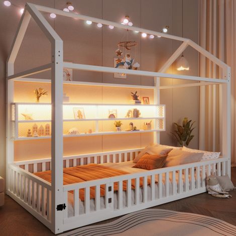 Lit plateforme en forme de maison avec barrière et éclairage LED