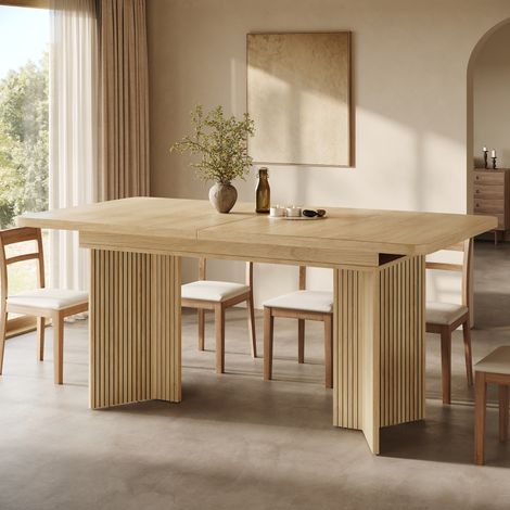 Ausziehbarer Esstisch 120–160 x 80 cm mit geriffelten V-Beinen in Holzoptik OKMYHOME (1/5)