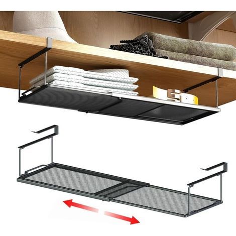1 under-shelf storage basket, hanging shelf organizer, expandable under-cabinet storage for pantry, laundry room, shoe rack, black (1/5)