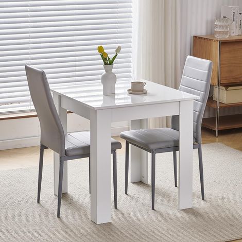 75x75cm Square Dining Table and Chairs Set, Small Dining Room Set High Gloss Dining Table with Chairs Home Furniture (Grey Faux Leather, White Table with 2 Chairs) (1/5)