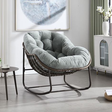 Fauteuil à Bascule Rotin, Fauteuil de détente avec Coussins Confortables - Cadre métallique - Rocking Chair pour Jardin, Terrasse et Salon, Vert
