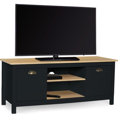 Idmarket – Meuble TV 113 cm bois noir – 2 placards fermés – 2 étagères centrales – Trou passe-câbles – Support pour TV jusqu'à 40 pouces