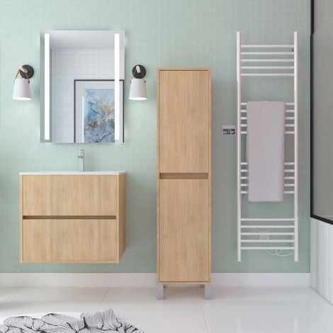 colonne de rangement chêne clair sur pieds - hauteur 160 cm - 2 portes - xenos