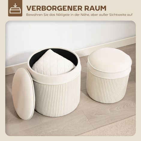 Lot de 2 tabourets de rangement ronds avec couvercles, repose-pieds en velours blanc crème, 36 x 36 x 41,5 cm