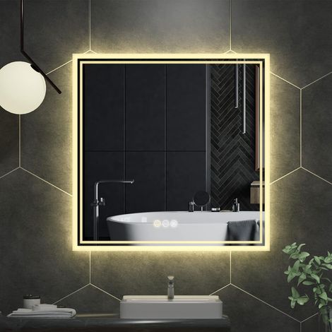 LUVODI Espejo de baño LED pared Cuadrado iluminado antivaho con interruptor táctil de iluminación para tocador de maquillaje, 80 x 80 cm