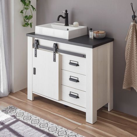 Badezimmer Unterschrank inkl. Waschbecken SHELTON-61 in Pinie weiß Nb. mit anthrazit, B/H/T: ca. 95/91/43 cm (1/5)