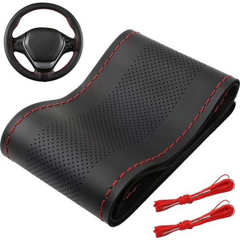 Universal Microfiber Leather Car Steering Wheel Cover, Breathable and Non-Slip Hand-Stitched Steering Wheel Cover, Steering Wheel Protector for Most Cars (37-38 cm Diameter), Black, Steering Wheel Cov (1/5)