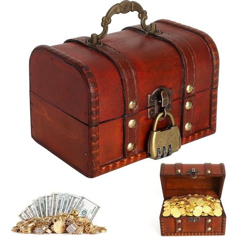 Coffre Trésor Vintage Bois, Serrure Combinaison, Bijoux, Souvenirs Décoration, Coffres Rangement, Mini Boîte Bijoux, 14 X 10 X 10 cm (1/5)