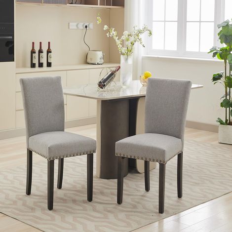 Lot de 2 Chaises de salle à manger sans accoudoirs – Lin beige dossier haut – Assise rembourrée passepoil clouté – Pieds en bois massif – 58x46x94 cm (1/5)