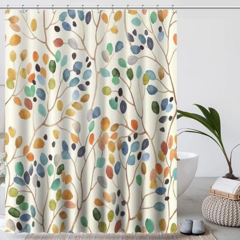 Rideau De Douche 180x200 Anti Moisissure Rideau Baignoire Beige Rideau Douche Lavable Machine Motif Botanique Coloré avec Trous Shower Curtain Tissu Rideaux Salle de Bain avec 12 Crochet (1/4)
