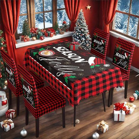 Nappe à carreaux rouges imperméable, housse de chaise, thème Noël, lot de 36 (140 x 210 cm, imperméable)