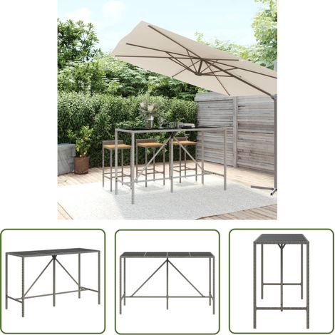 The Living Store Bartisch mit Glasplatte Grau 180x70x110 cm Poly Rattan - Gartentisch - Outdoor Möbel - Balkonmöbel - Esszimmerset - Bartisch (1/5)