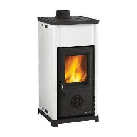 Nordica – Poêle à bois 6,6 kW – Revêtement acier porcelaine blanche – Volume chauffé 189 m³ – Sortie de fumée Ø 120 mm – Foyer en fonte réfractaire
