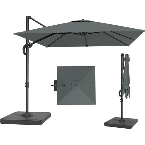 Ombrellone da Giardino a Manovella 2.4x2.4m con Base Riempibile e Girevole, Grigio Scuro