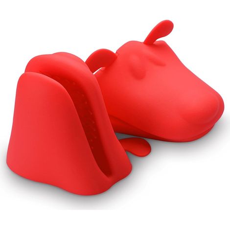 Lot de 2 gants de cuisine en silicone, résistants à la chaleur, motif : chien rouge (1/5)