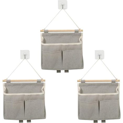 Juego de 3 bolsas organizadoras de almacenamiento colgantes de pared con múltiples compartimentos, color gris. (1/5)
