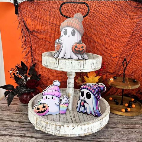 Support De Bureau Fantôme - Décoration Festive Halloween - Plateau Ornemental Avec Citrouille Et Fantômes - Lot De 3 Pièces (1/5)