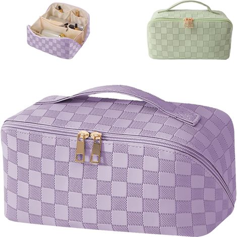 Trousse de maquillage imperméable en cuir PU avec poignée et séparateur, trousse de maquillage tendance, sac de voyage portable, grande trousse de maquillage (violette) (1/5)