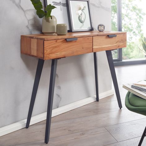 Console 2 tiroirs 90x36x78 cm en acacia massif et métal
