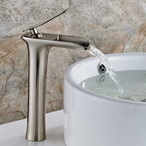 1 Robinet lavabo, cascade, laiton, nickel brossé, levier unique, salle de bain (1/5)
