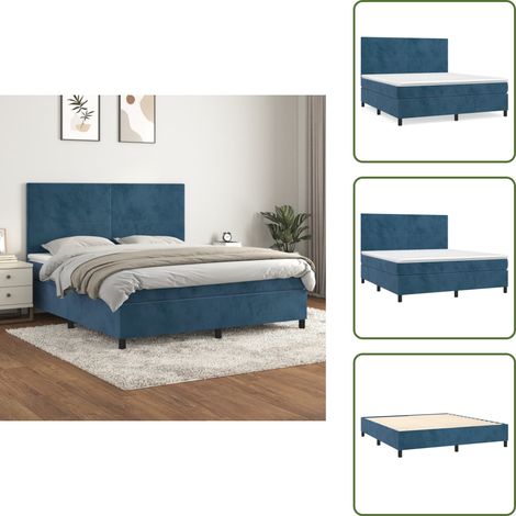 Sommier à lattes de lit et matelas Bleu foncé 160x200cm Velours - Lit Tapissier - Lit Velours - Lit Double - Literie - Chambre À Coucher (1/5)