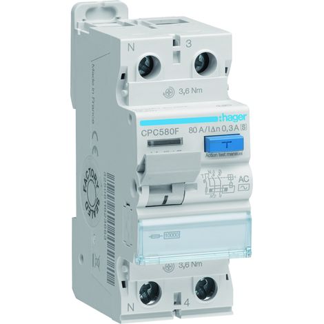 Interrupteur différentiel 1P+N 80A 300mA type AC S - HAGER CPC580F (1/3)