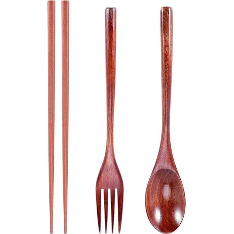 Wiederverwendbares Holzbesteckset (Löffel, Gabel und Essstäbchen) für Camping-Mittagessen (1/5)