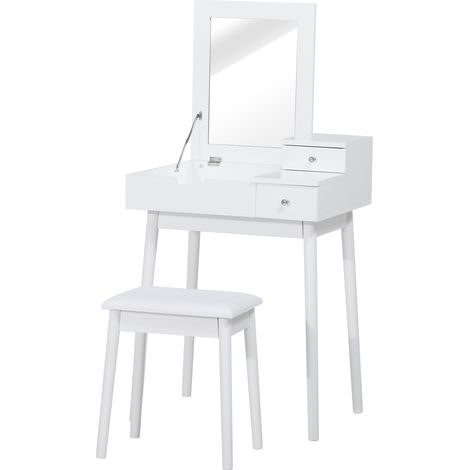 Coiffeuse blanche avec miroir pliable, coffre et 2 tiroirs, table de maquillage en MDF et pin massif, inclut tabouret assorti.