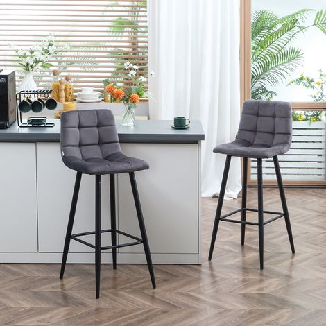 Set de 2 taburetes de bar de poliéster gris con respaldo curvado, asiento acolchado, 42 x 47 x 105 cm (1/5)