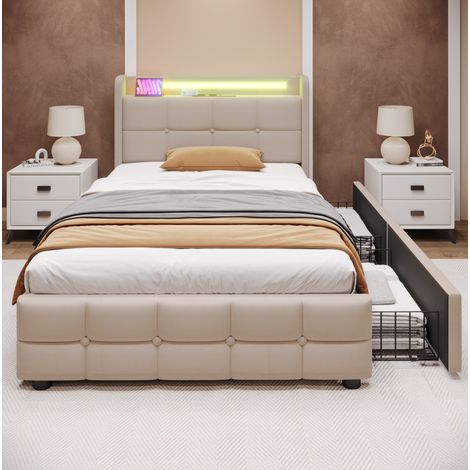 Cama individual tapizada en lino beige 90x200 cm con LED, USB, enchufes, 2 cajones y somier de láminas (1/5)