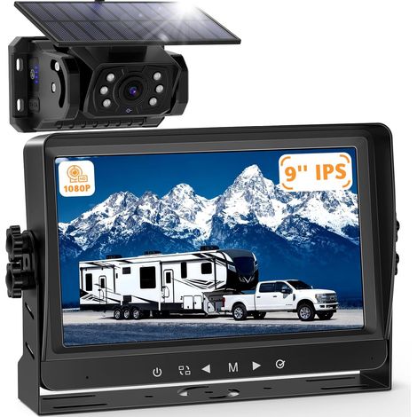Caméra de recul Solaire magnétique sans Fil, écran 9'' 1080P, Batterie 10000mAh, Radio Stable, Installation DIY, Dual Split, pour camions, fourgons, Camping-Cars, Utilitaires et Poids Lourds (VS-9A) (1/5)