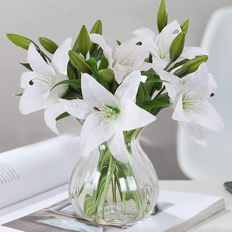 Künstliche Blumen, 5 Stiele und 3 Stiele, künstliche Lilien, Pflanzenblumenkunst, volle Blüte, künstliche Latex-echte Blumen, verwendet für Heimdekoration, Hochzeiten, Partys, Büros, Restaurants (weiß (1/5)