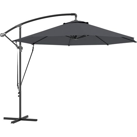 Parasol décalé Ø3m, polyester 180g/㎡, base transversale, métal, aération, cordes pare-vent, gris foncé, UV50+, pour jardin, manivelle (1/5)