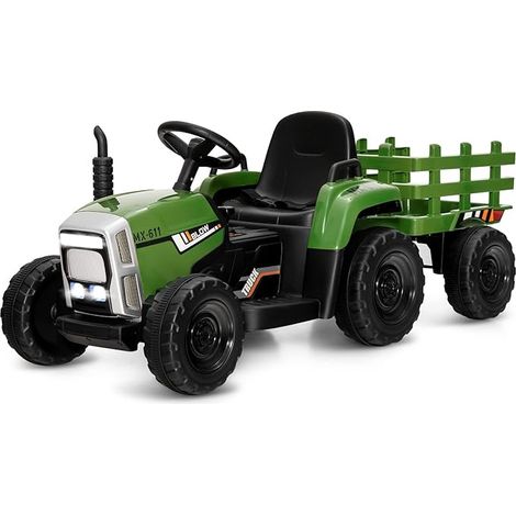 COSTWAY Trattore con Rimorchio Cavalcabile per Bambini 12V, Trattore Elettrico Telecomandato, con Luci e Suoni, 30kg, 3+ Anni (Verde Scuro)