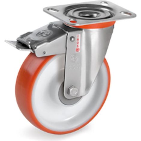 Roulette INOX pivotante à frein diamètre 80 mm roue polyuréthane rouge roulement à billes - 130 Kg (1/3)