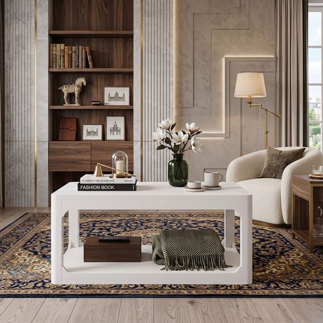 Creahappy Table Basse Rectangulaire 100x50x44.5 cm - Double Plateau Rangement Salon - MDF Robuste Style Moderne Scandinave - Blanc (1/5)