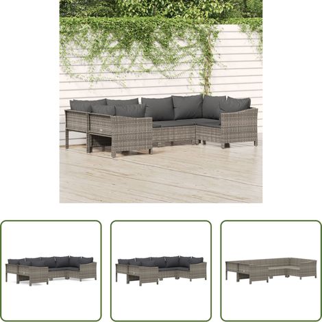 vidaXL Canapé en rotin poly - Salon de jardin 6 pcs avec coussins Gris Résine tressée (1/5)