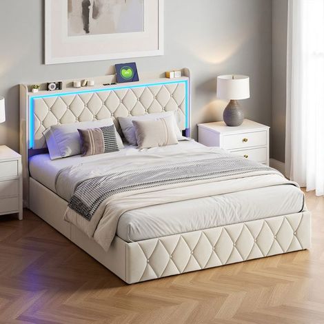 Letto 140x190 cm, 22YTT, LED RGB, USB, idraulico, contemporaneo, struttura letto matrimoniale 140x190 cm, velluto, beige