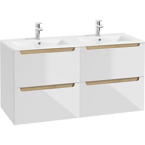 Meuble double vasque encastrée 120cm 4 tiroirs Livia Blanc et Bois