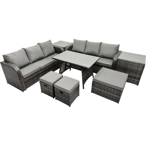 Fimous Garden Rattan Outdoor Furniture Set 9 Seater with 3 Seater Sofa 3 Stools 2 Side Table Dark Grey (1/5)