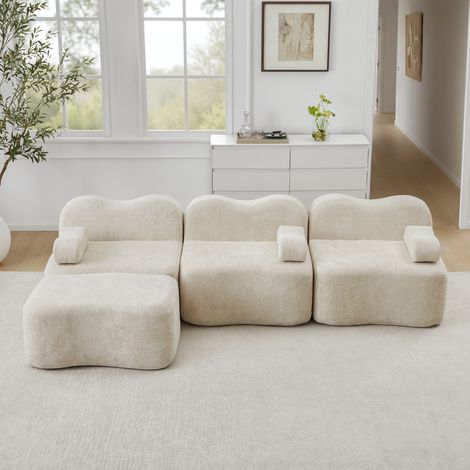 Canapé d'angle modulable 3 places avec pouf, mousse haute densité 32D, forme ondulée, assise profonde, coussins accoudoirs amovibles, salon beige (1/4)