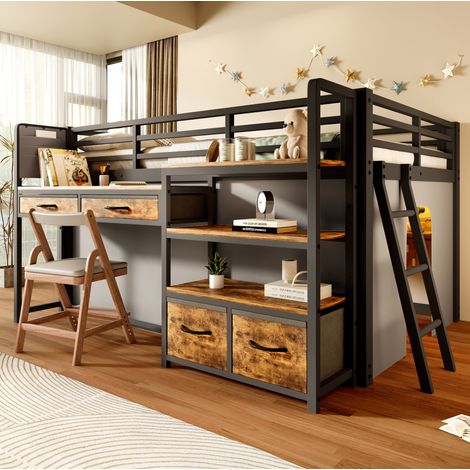 Letto a soppalco 140/200 cm nero con scrivania, ripiani, cassetti in tessuto e LED (1/5)